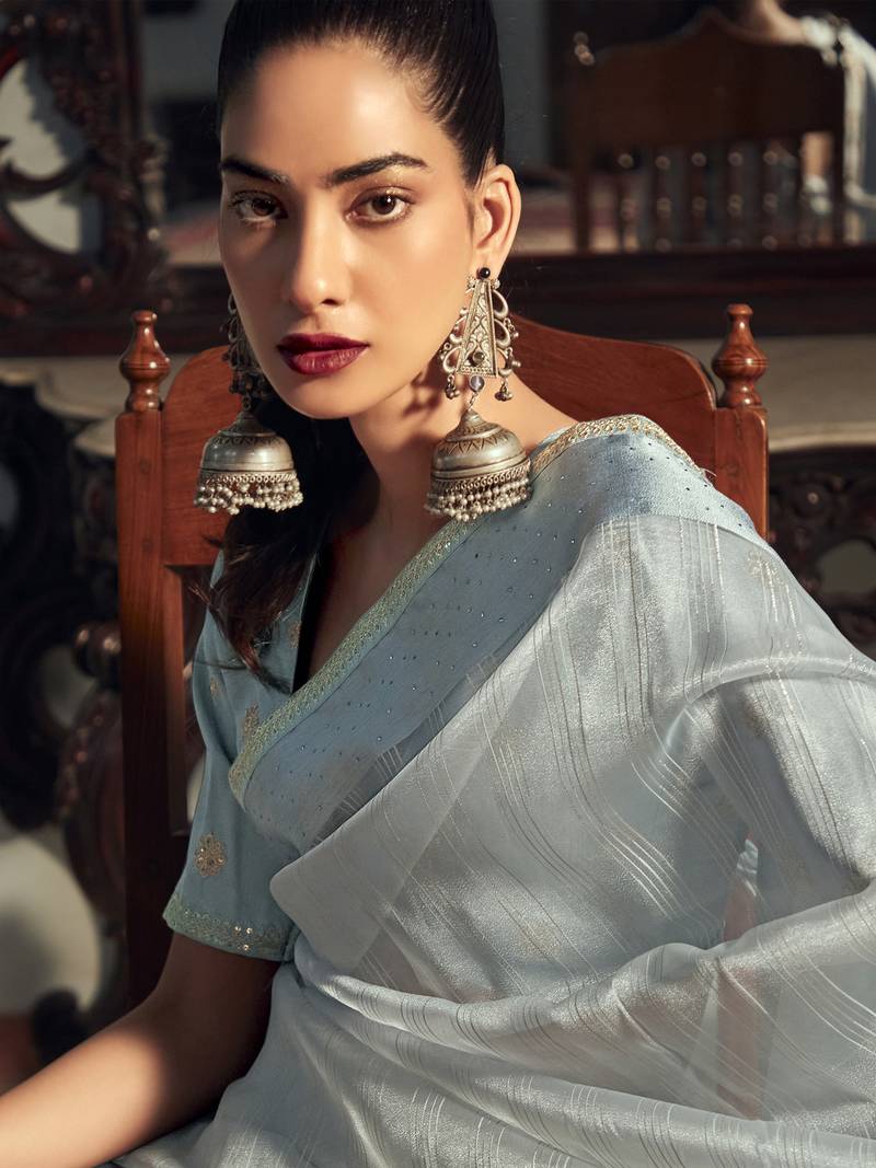 Sky Blue Organza Woven Saree