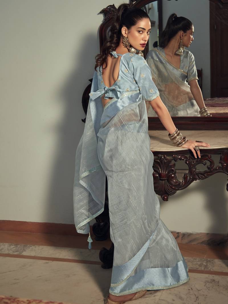 Sky Blue Organza Woven Saree