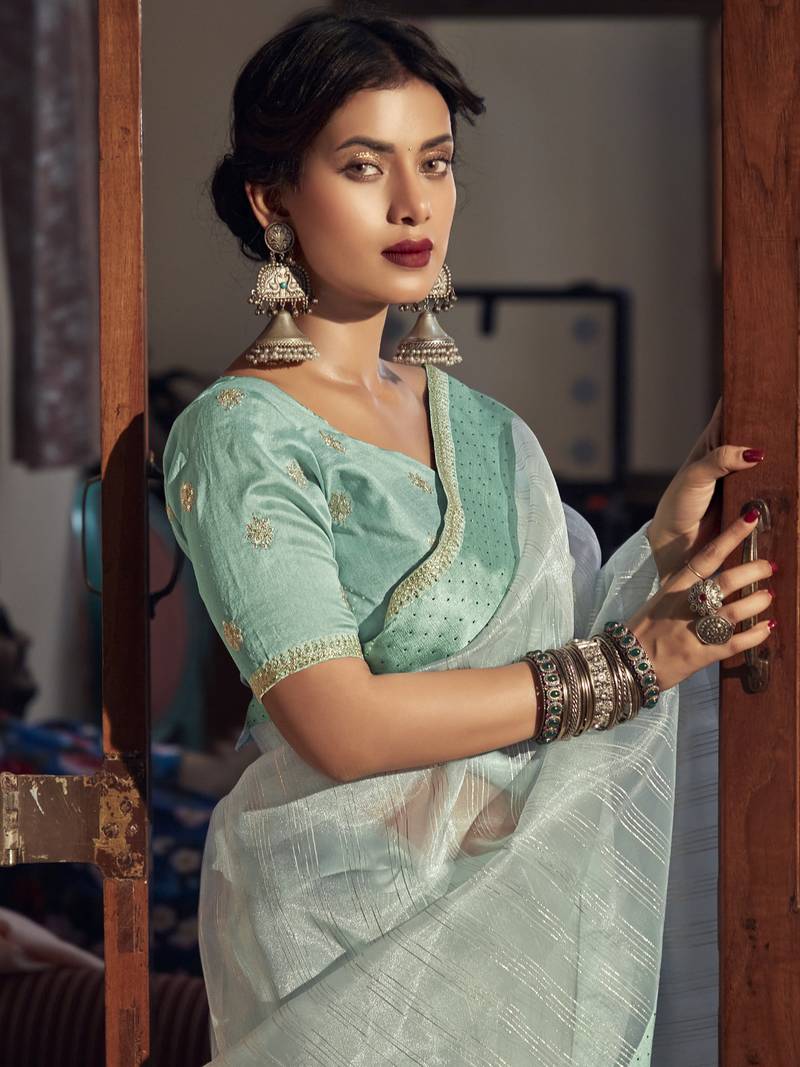 Green Organza Woven Saree