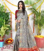 GREY BEAUTIFUL PATOLA BANDJNI INDIAN WEDDING SAREE 
