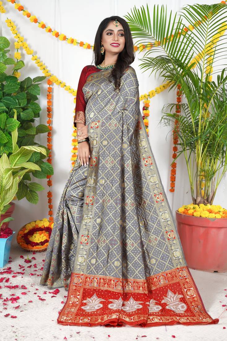 GREY BEAUTIFUL PATOLA BANDJNI INDIAN WEDDING SAREE 