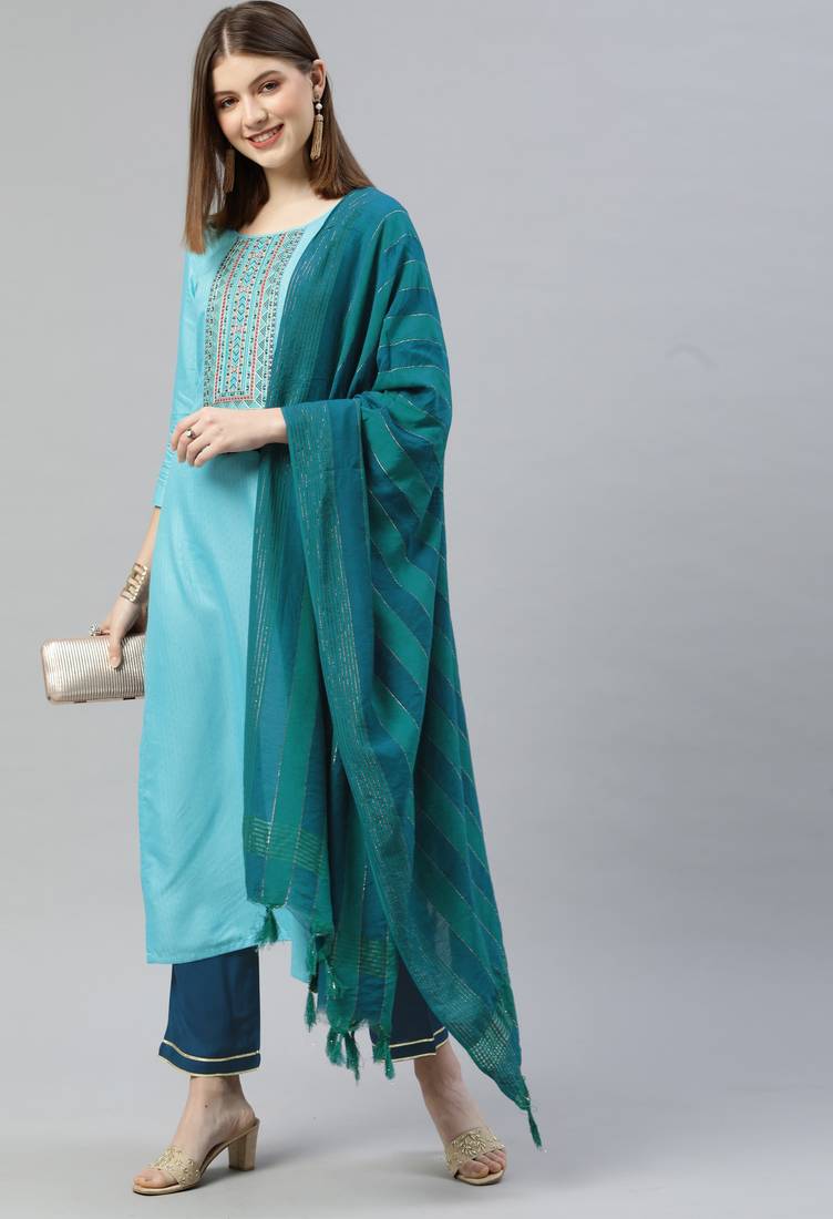 Sky Blue Sequence Embroidered Kurta Pant and Dupatta Set