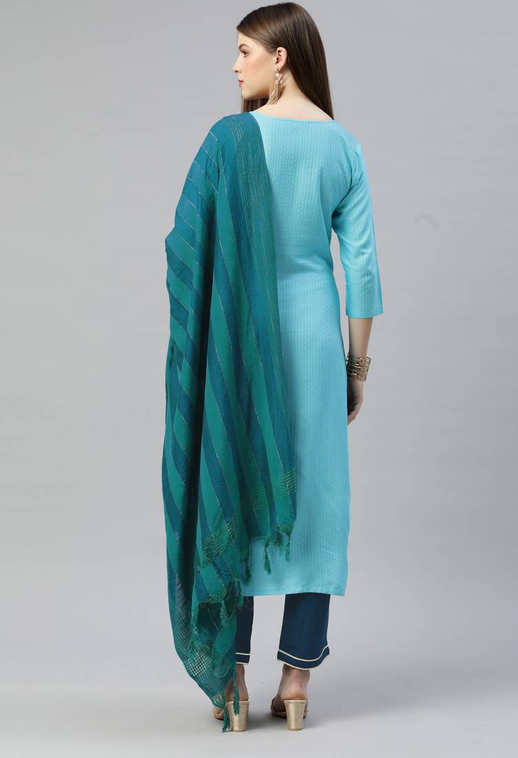 Sky Blue Sequence Embroidered Kurta Pant and Dupatta Set