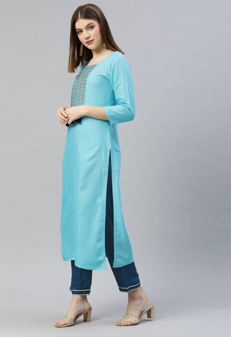Sky Blue Sequence Embroidered Kurta Pant and Dupatta Set