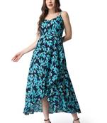 Popwings Women Casual Ocean Blue Leaf Printed Maxi Length Fit & Flare Dress