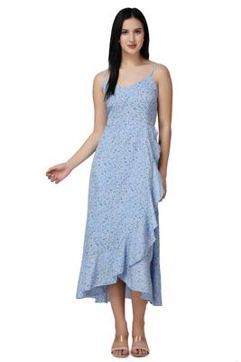 Popwings Women Casual Sky Blue Floral Printed Midi Frill Strap Dress 1