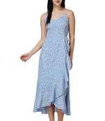 Popwings Women Casual Sky Blue Floral Printed Midi Frill Strap Dress