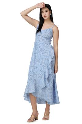 Popwings Women Casual Sky Blue Floral Printed Midi Frill Strap Dress 2