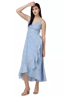 Popwings Women Casual Sky Blue Floral Printed Midi Frill Strap Dress