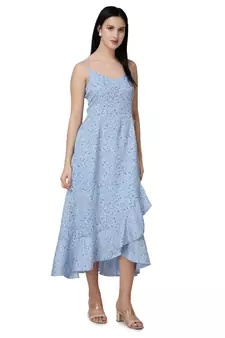 Popwings Women Casual Sky Blue Floral Printed Midi Frill Strap Dress