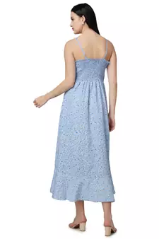 Popwings Women Casual Sky Blue Floral Printed Midi Frill Strap Dress