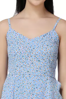 Popwings Women Casual Sky Blue Floral Printed Midi Frill Strap Dress