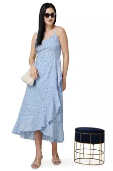 Popwings Women Casual Sky Blue Floral Printed Midi Frill Strap Dress
