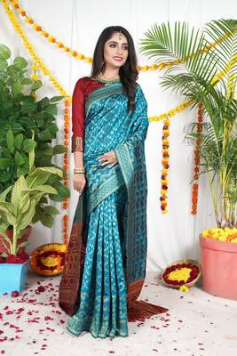 SKY BLUE BANDHNI PATOLA SILK SAREE  2