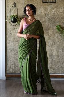 Suta Olive Pure Cotton Polka Dots Printed Saree Without Blouse
