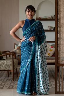 Suta Blue Pure Cotton Floral Printed Saree Without Blouse