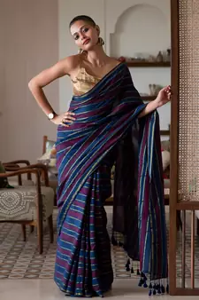Suta Multi Cotton Blend Striped Saree Without Blouse