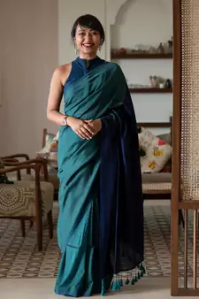 Suta Teal Cotton Blend Solid Saree Without Blouse