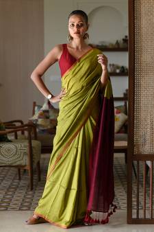 Suta Lime Green Cotton Blend Solid Saree Without Blouse