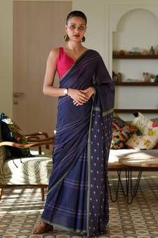 Suta Blue Pure Cotton Floral Printed Saree Without Blouse