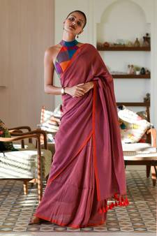 Suta Mauve Cotton Blend Solid Saree Without Blouse