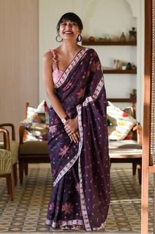 Suta Purple Pure Cotton Floral Printed Saree Without Blouse