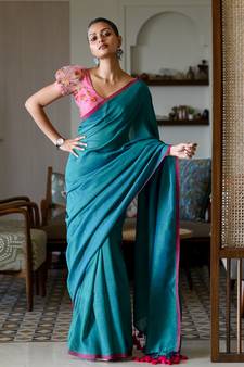 Suta Teal Cotton Blend Solid Saree Without Blouse