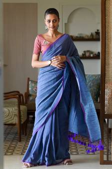 Suta Blue Cotton Blend Solid Saree Without Blouse