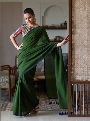 Suta Olive Cotton Blend Solid Saree 1