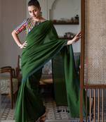 Suta Olive Cotton Blend Solid Saree