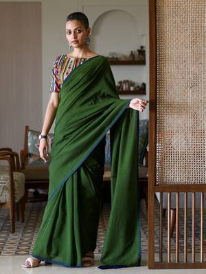 Suta Olive Cotton Blend Solid Saree 2