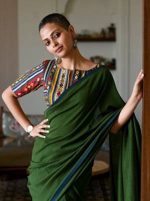 Suta Olive Cotton Blend Solid Saree 5