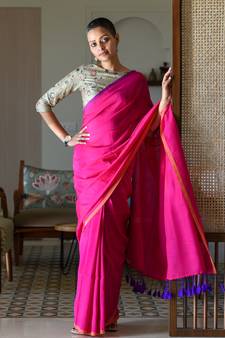 Suta Pink Cotton Blend Solid Saree Without Blouse