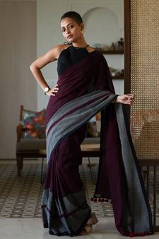 Suta Maroon Cotton Blend Solid Saree Without Blouse