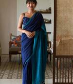 Suta Blue Cotton Blend Solid Saree Without Blouse