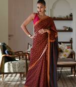 Suta Brown Pure Cotton Floral Printed Saree Without Blouse