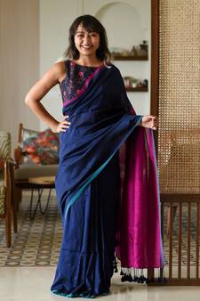 Suta Blue Cotton Blend Solid Saree Without Blouse