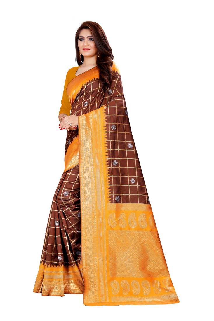 COFFEE Zari Woven Kanjivaram Saree With Blouse
