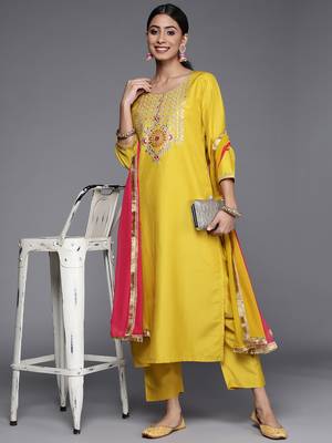 Alluring Cotton Fabric Round Neck Embroidered Kurta With Trousers & Dupatta Set 1