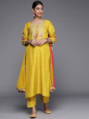 Alluring Cotton Fabric Round Neck Embroidered Kurta With Trousers & Dupatta Set 7