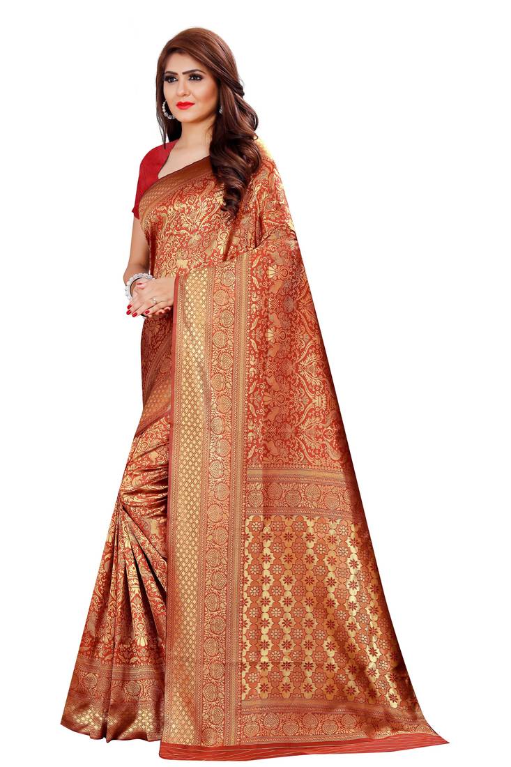 MAROON Zari Woven Kanjivaram Saree With Blouse