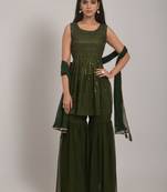 Mehndi Sequined Embroidered Georgette Sleeveless Kameez, Sharara and Dupatta Set
