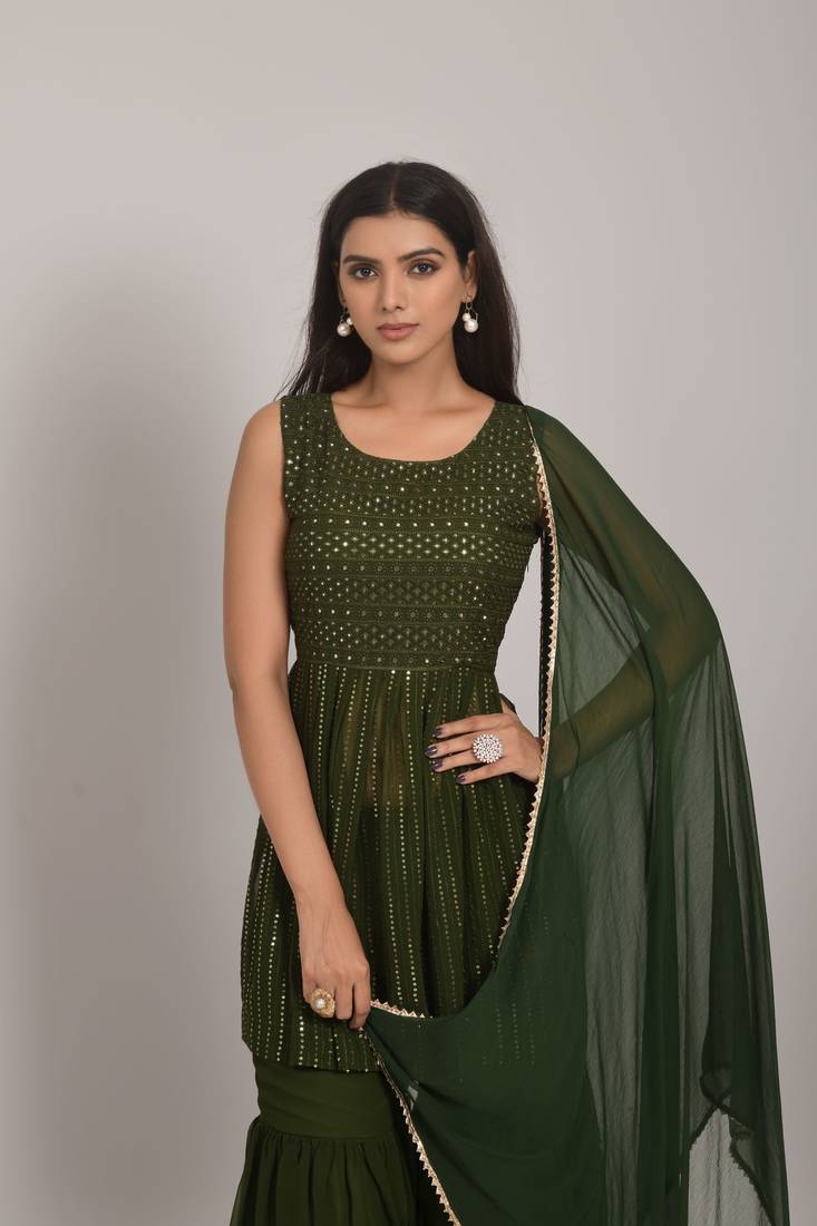 Mehndi Sequined Embroidered Georgette Sleeveless Kameez, Sharara and Dupatta Set