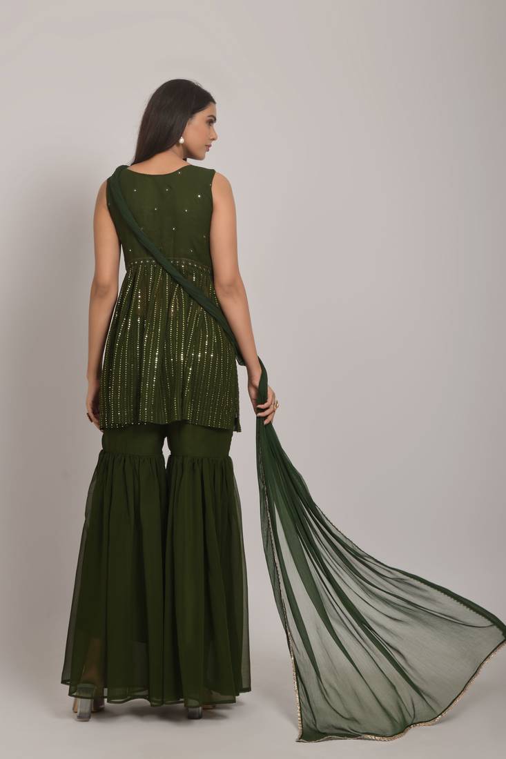 Mehndi Sequined Embroidered Georgette Sleeveless Kameez, Sharara and Dupatta Set