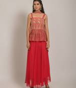 Magenta Embroidered Sequinned Georgette Sleeveless Kameez, Sharara and Dupatta Set