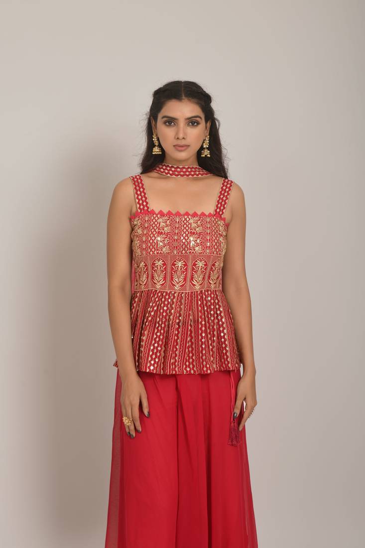 Magenta Embroidered Sequinned Georgette Sleeveless Kameez, Sharara and Dupatta Set