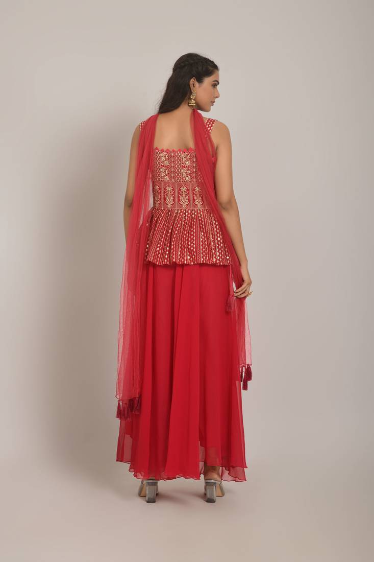 Magenta Embroidered Sequinned Georgette Sleeveless Kameez, Sharara and Dupatta Set