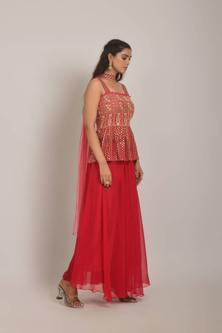 Magenta Embroidered Sequinned Georgette Sleeveless Kameez, Sharara and Dupatta Set