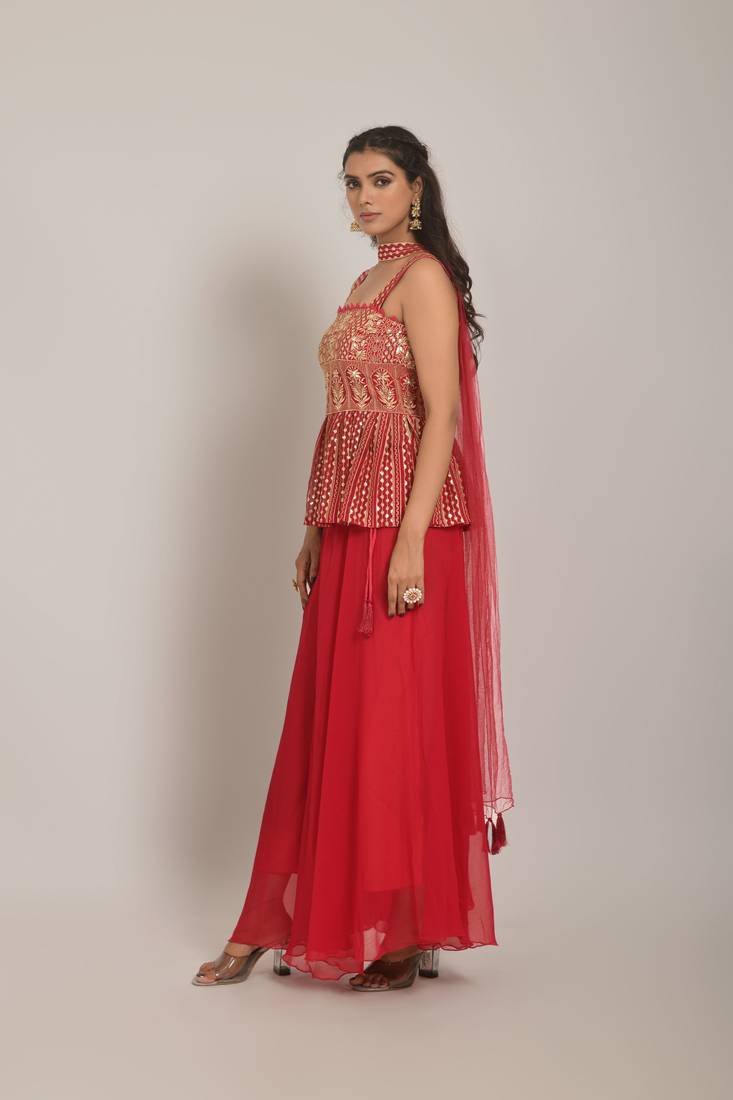 Magenta Embroidered Sequinned Georgette Sleeveless Kameez, Sharara and Dupatta Set
