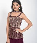 Wine Embroidered Sequinned Georgette Sleeveless Kameez, Sharara and Dupatta Set